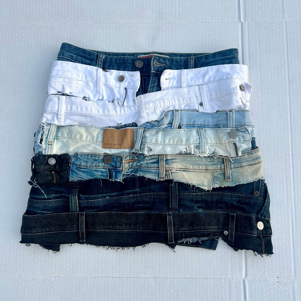 Strap Denim Skirt Custom Made Patchwork Upcycle Sustainable Wearable Art